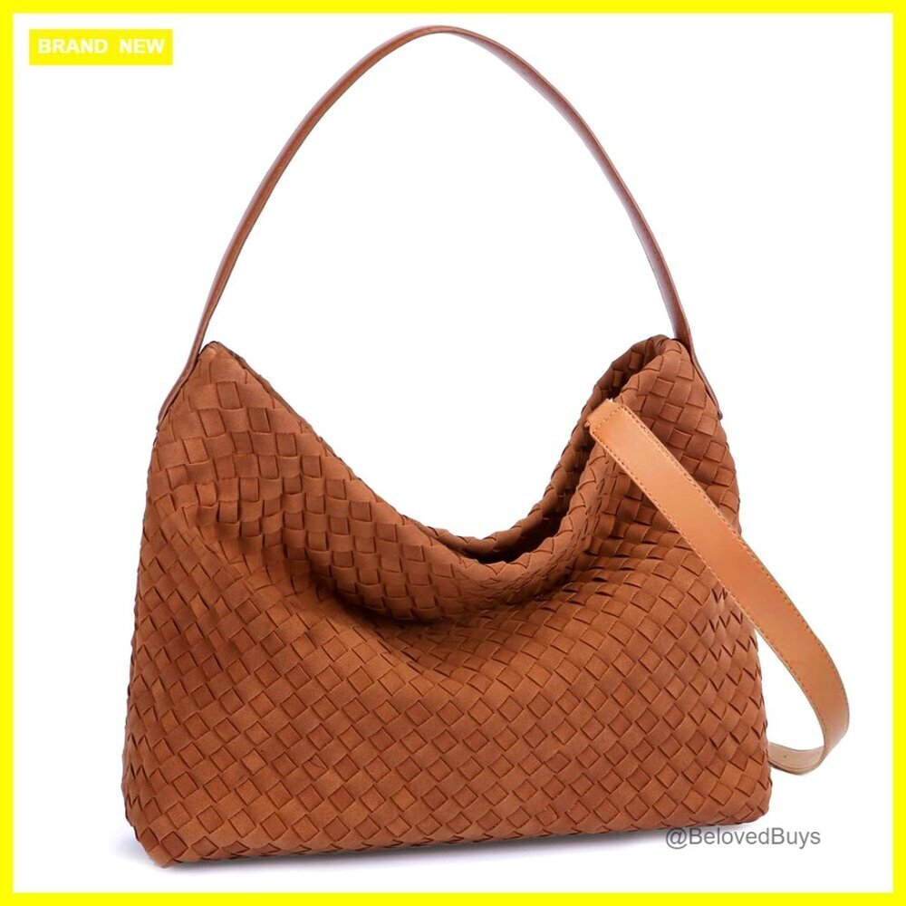 Woven Suede Tote Bag with Detachable Strap, Multi-Pocket Purse